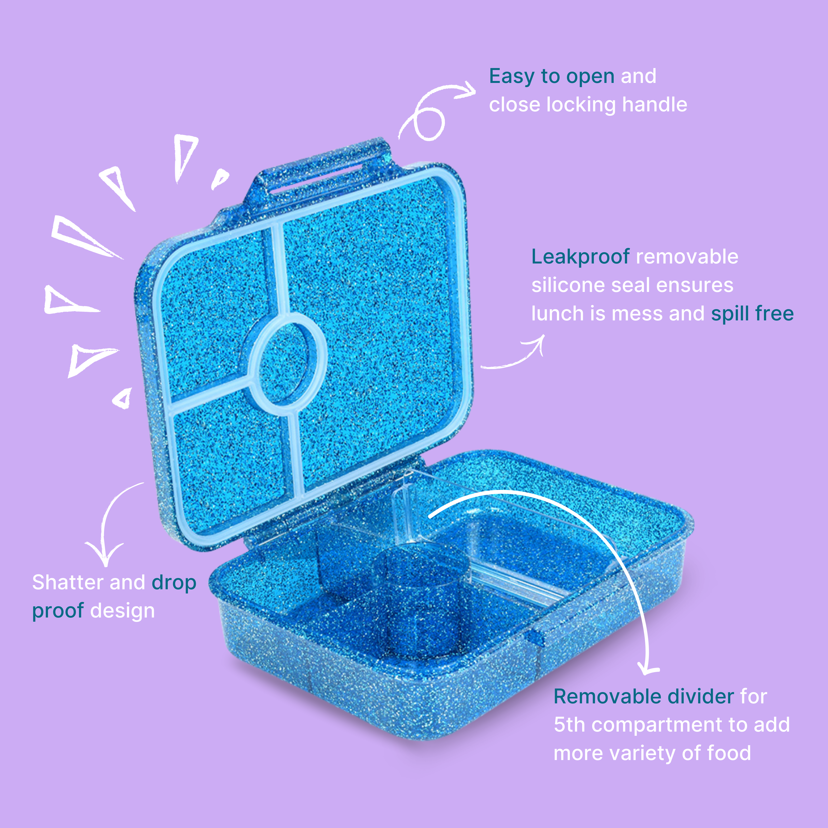Premium Tritan LeakProof Bento Lunch Box - 4 or 5 Compartments - Glitter - Blue