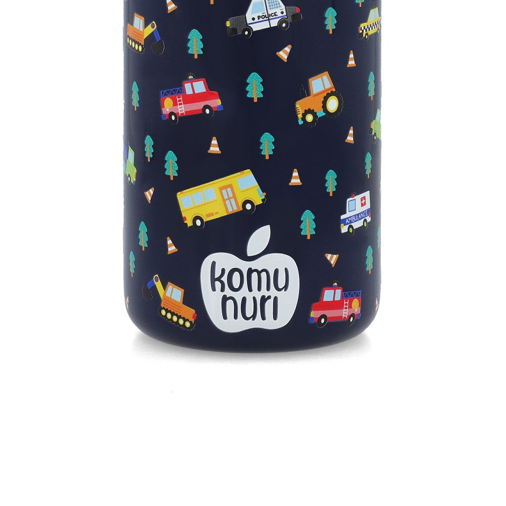 KomuNuri Stainless Steel Kids 14 OZ Water Bottle with Covered Straw Lid | Deep Blue - Vehicles