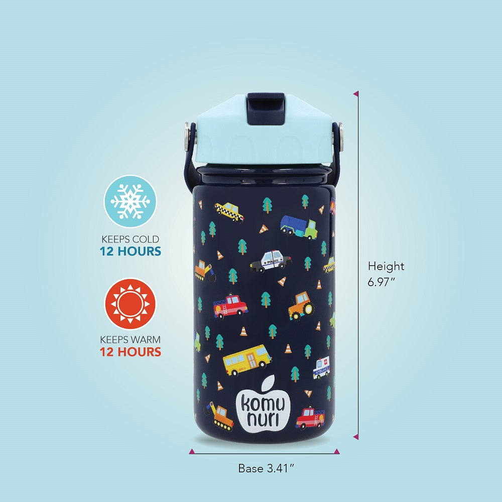 KomuNuri Stainless Steel Kids 14 OZ Water Bottle with Covered Straw Lid | Deep Blue - Vehicles