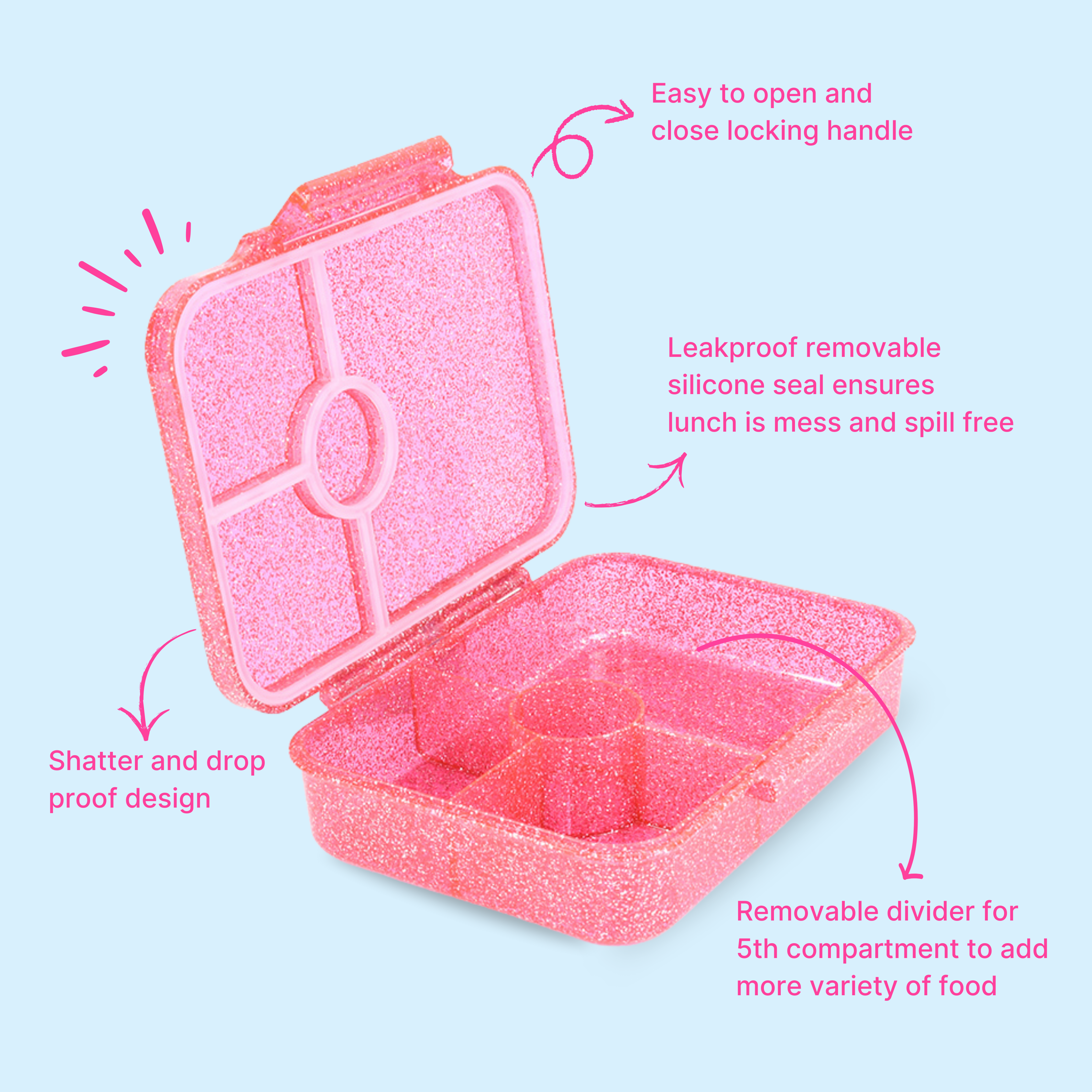 Premium Tritan LeakProof Bento Lunch Box - 4 Compartments - Glitter - Pink