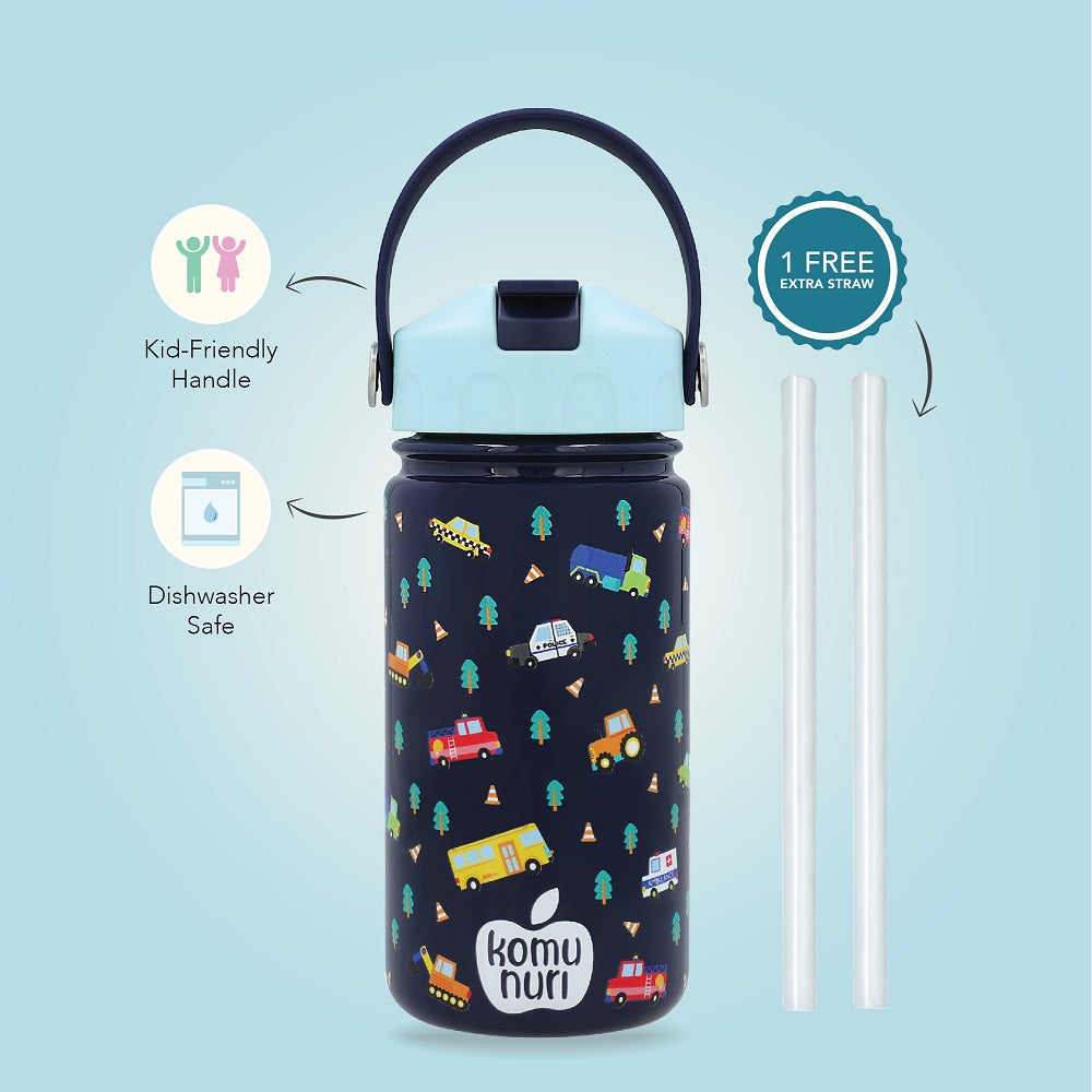 KomuNuri Stainless Steel Kids 14 OZ Water Bottle with Covered Straw Lid | Deep Blue - Vehicles