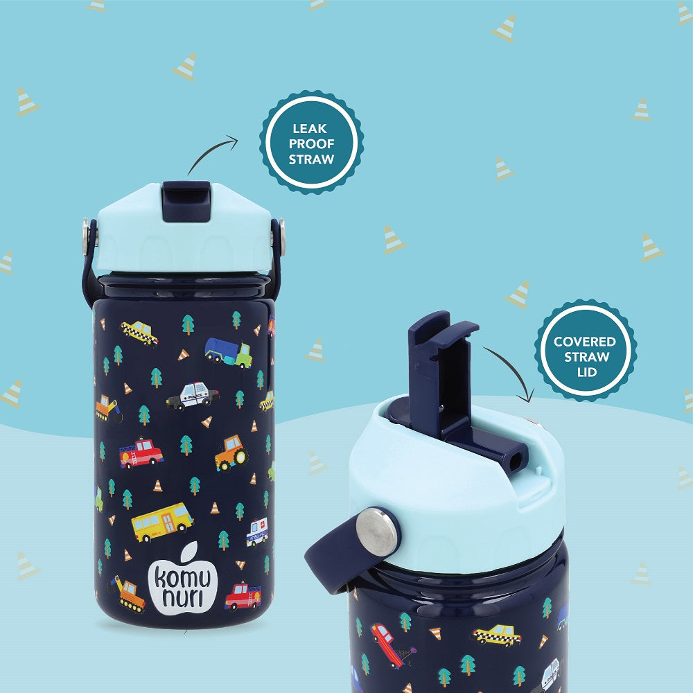 KomuNuri Stainless Steel Kids 14 OZ Water Bottle with Covered Straw Lid | Deep Blue - Vehicles