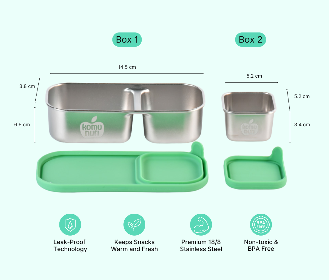 Bundle - Komunuri Leakproof Stainless Steel Bento Lunch Box & Stainless Steel Snack Box - Mint Aqua