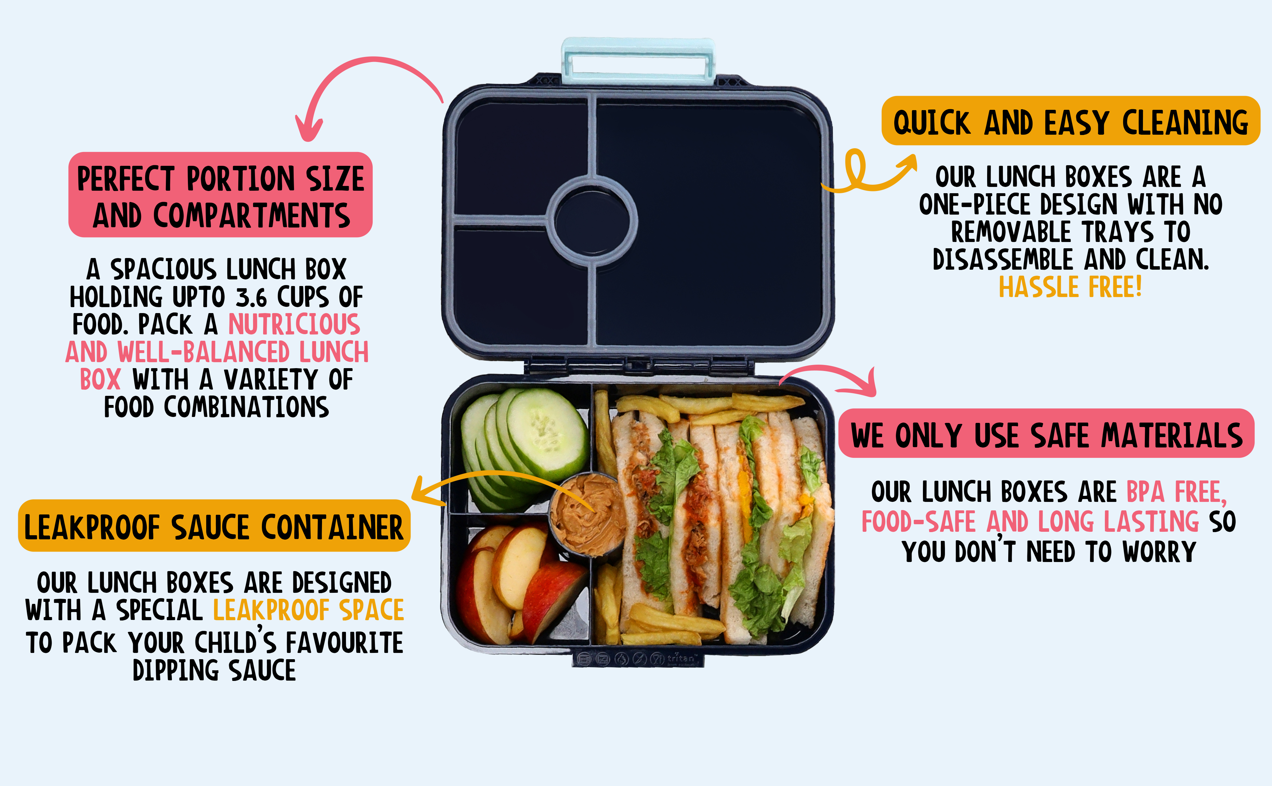 Premium Tritan LeakProof Bento Lunch Box - 4 Compartments - Glitter - Pink