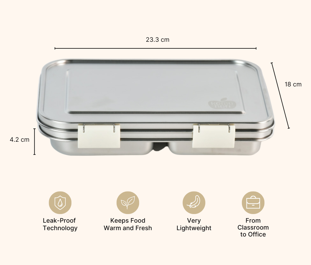 Komunuri Leakproof Stainless Steel Bento Lunch Box - 3 Compartments - Ivory Cream