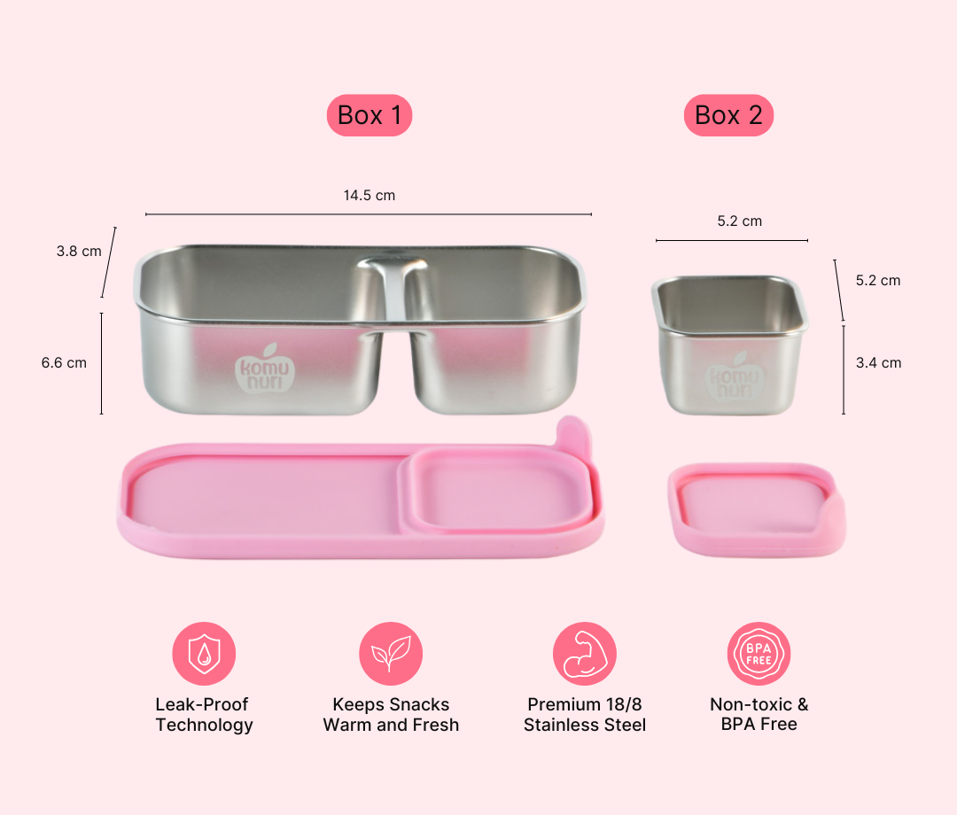 Bundle - Komunuri Leakproof Stainless Steel Bento Lunch Box & Stainless Steel Snack Box - Bubblegum Pink