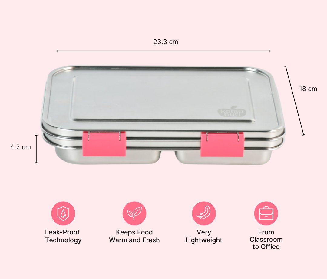 Komunuri Leakproof Stainless Steel Bento Lunch Box - 3 Compartments - Bubblegum Pink
