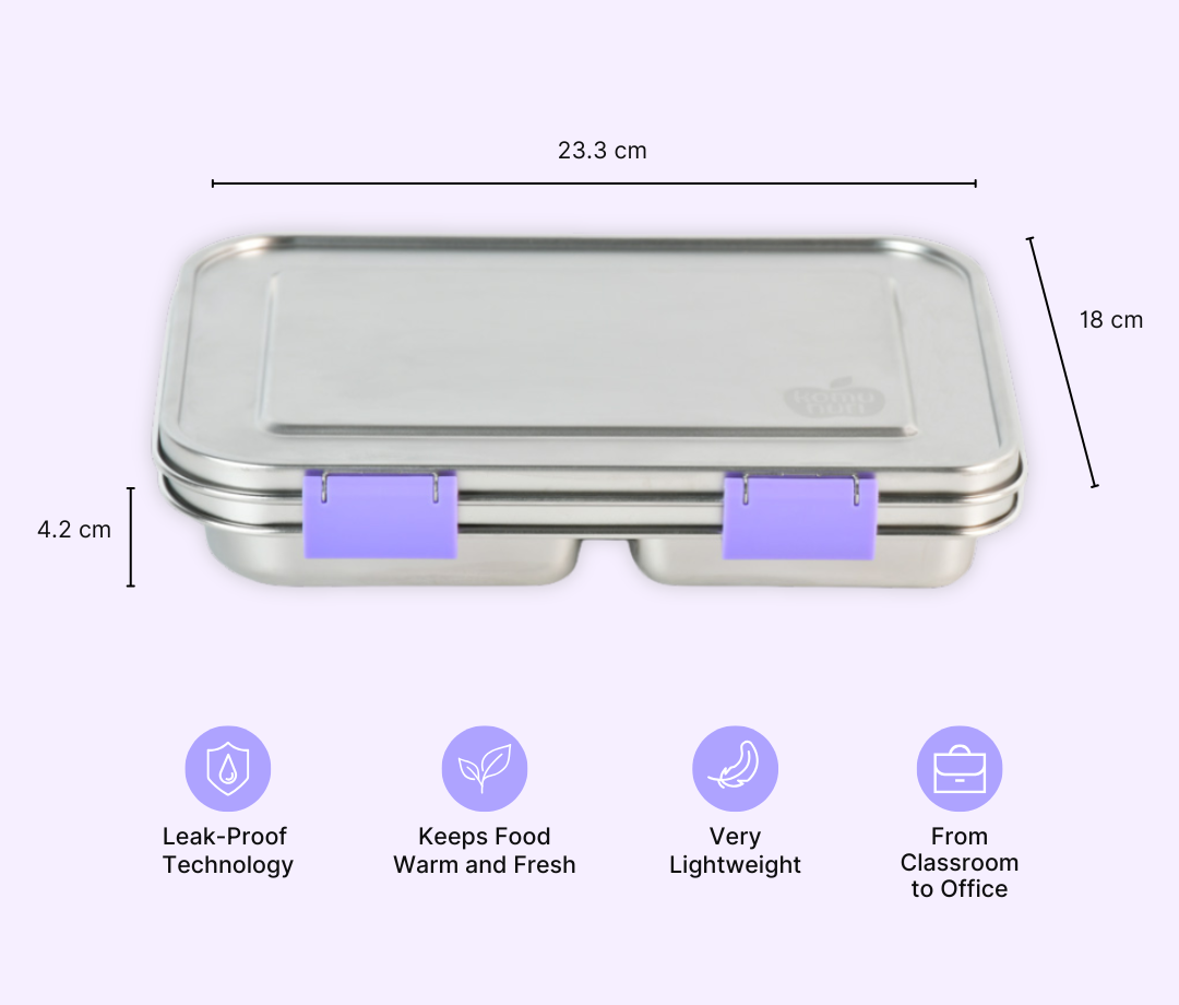 Komunuri Leakproof Stainless Steel Bento Lunch Box - 3 Compartments - Lavender