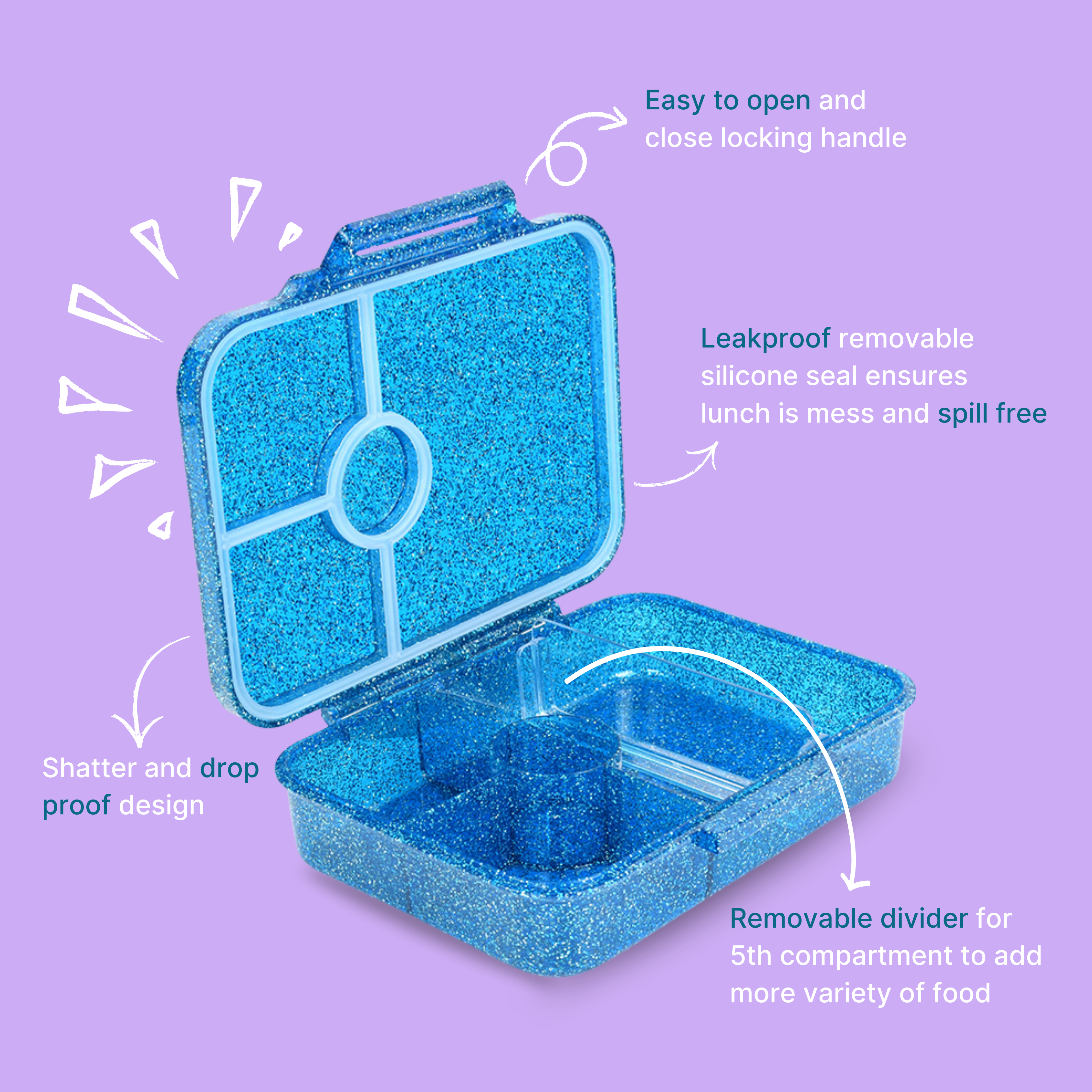 Premium Tritan LeakProof Bento Lunch Box - 4 or 5 Compartments - Glitter -  Blue