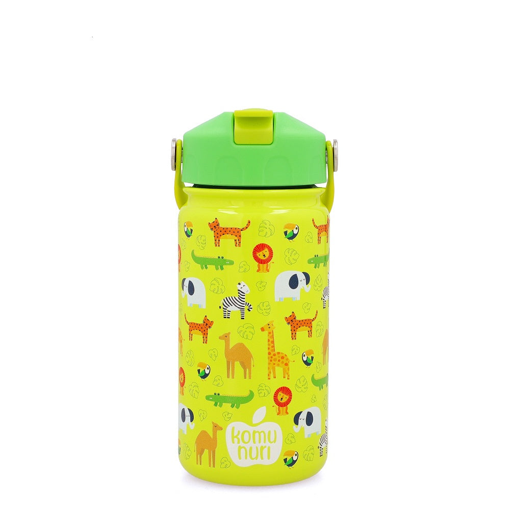 KomuNuri Stainless Steel Kids 14 OZ Water Bottle with Covered Straw Lid | Lime Green - Safari