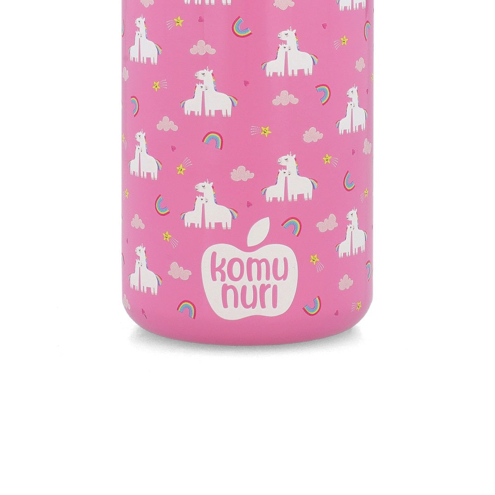 KomuNuri Stainless Steel Kids 14 OZ Water Bottle with Covered Straw Lid | True Pink - Unicorn & Rainbow