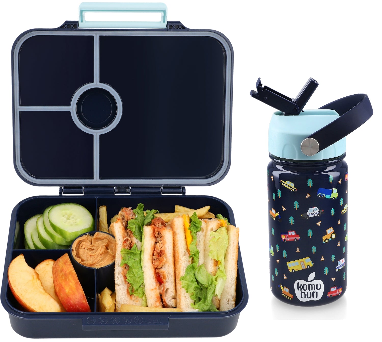 LeakProof Tritan Bento Box & Spill-Proof Insulated Water Bottle, Dishwasher Safe, BPA Free (Deep Blue - Vehicles/Car)