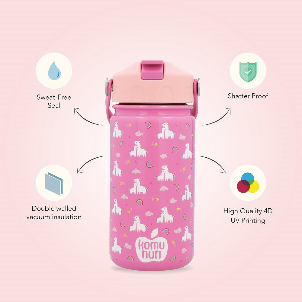 KomuNuri Stainless Steel Kids 14 OZ Water Bottle with Covered Straw Lid | True Pink - Unicorn & Rainbow