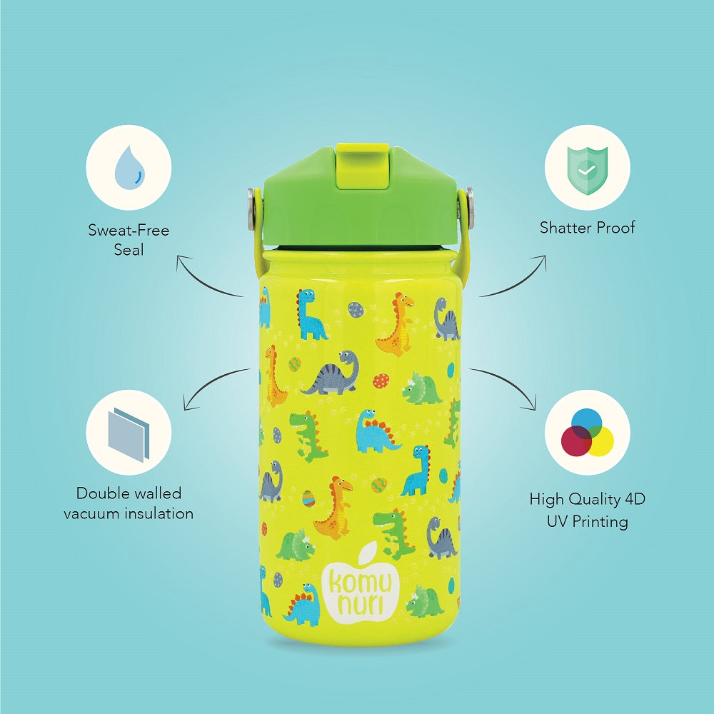 KomuNuri Stainless Steel Kids 14 OZ Water Bottle with Covered Straw Lid | Lime Green - Dinosaurs