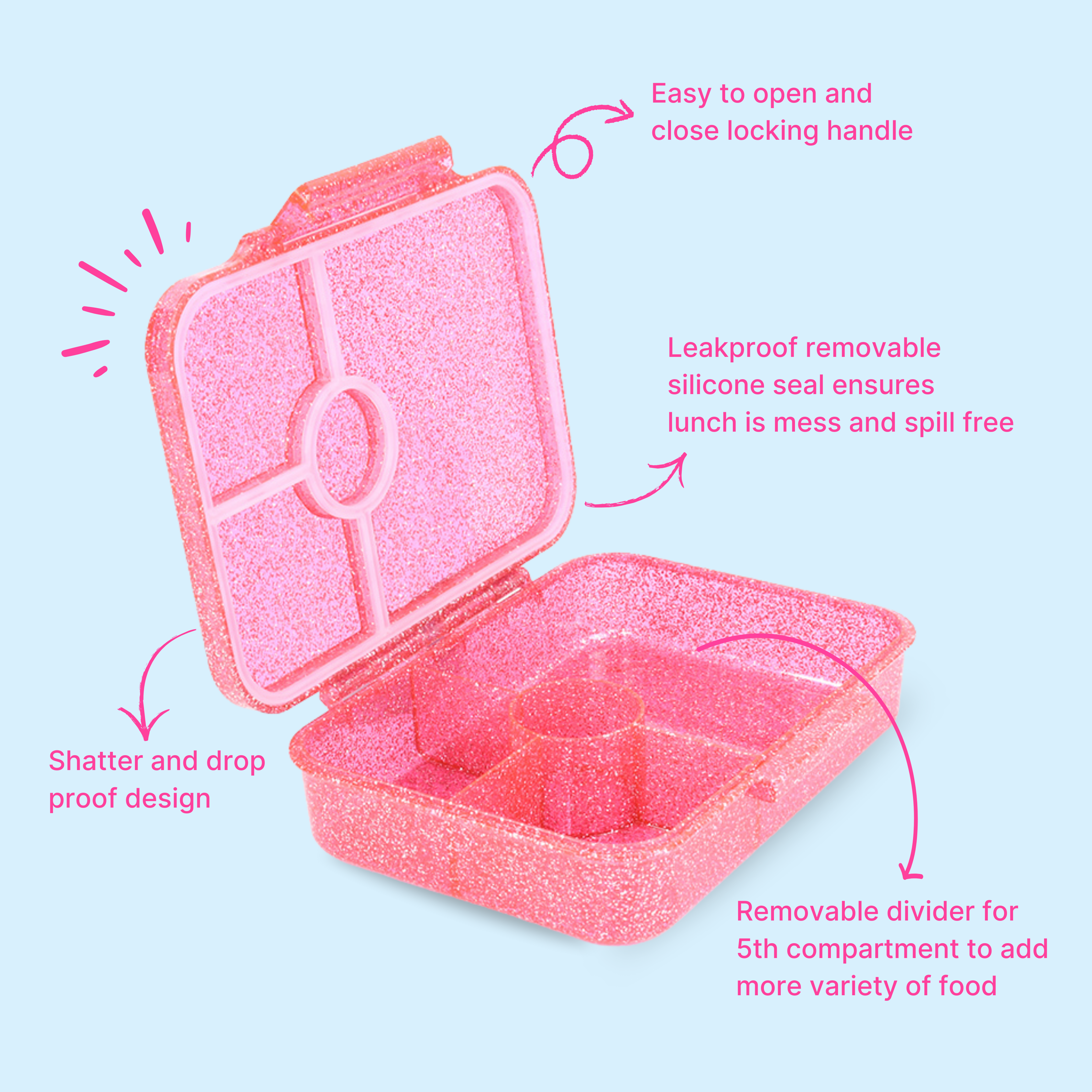 Premium Tritan LeakProof Bento Lunch Box - 4 or 5 Compartments - Glitter -  Pink