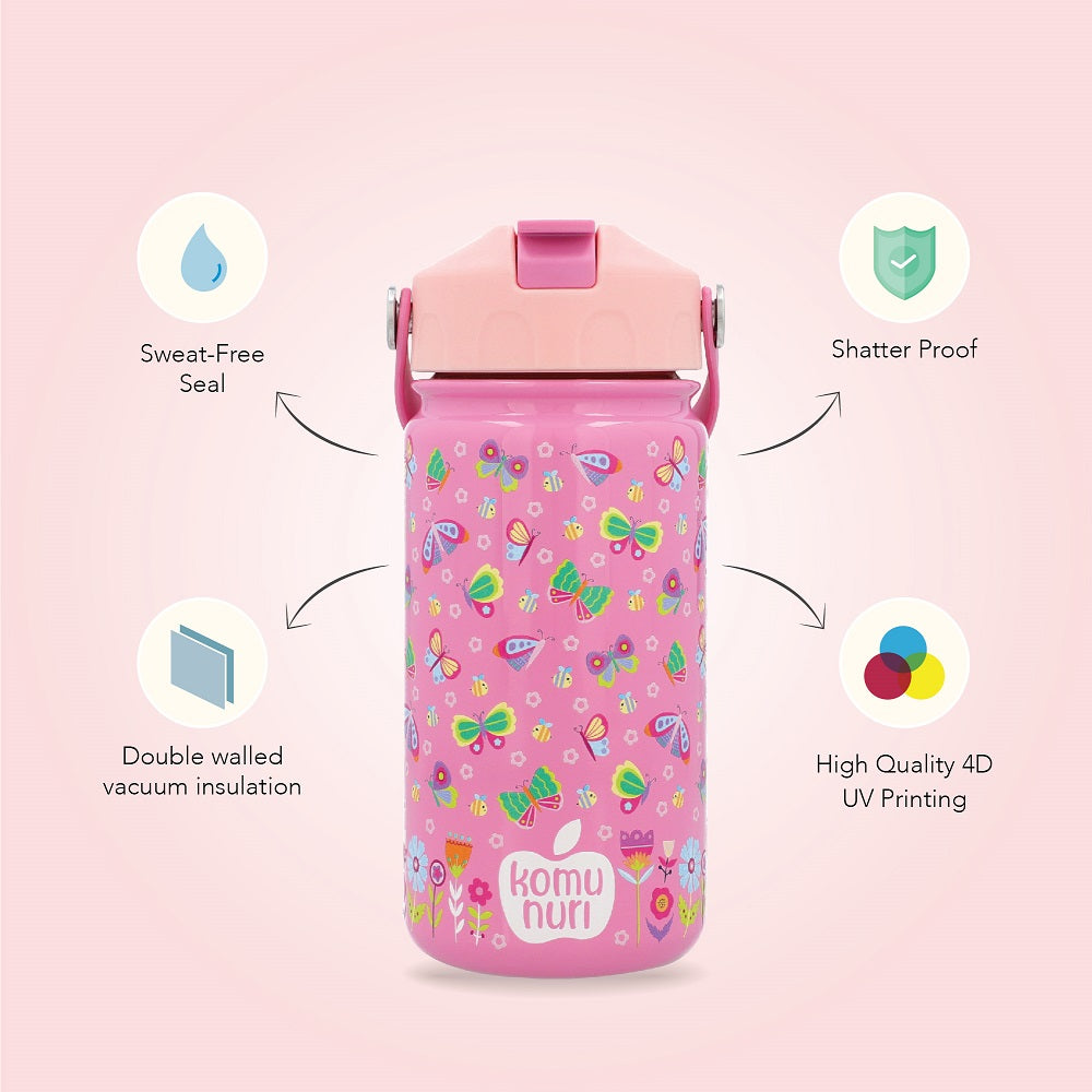 KomuNuri Stainless Steel Kids 14 OZ Water Bottle with Covered Straw Lid | True Pink - Butterflies & Flowers