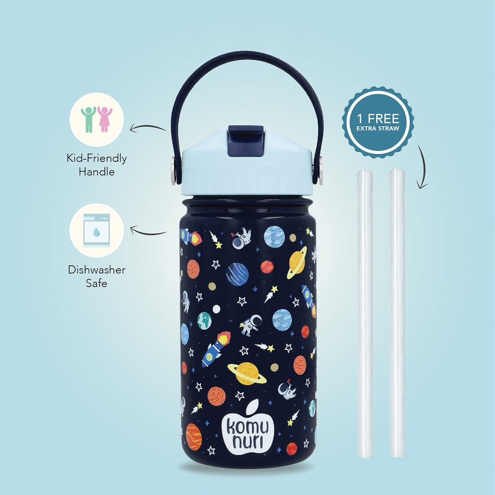 KomuNuri Stainless Steel Kids 14 OZ Water Bottle with Covered Straw Lid | Deep Blue - Space & Astronaut