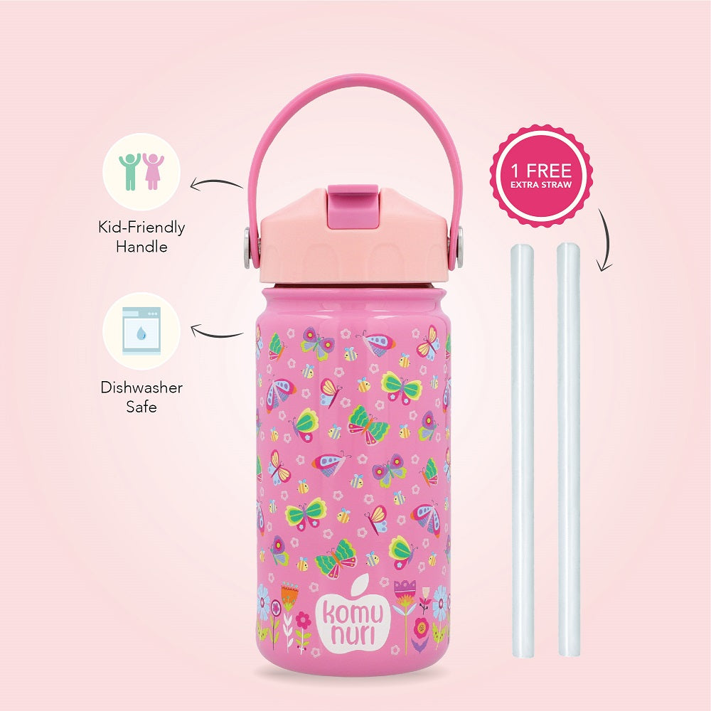 KomuNuri Stainless Steel Kids 14 OZ Water Bottle with Covered Straw Lid | True Pink - Butterflies & Flowers