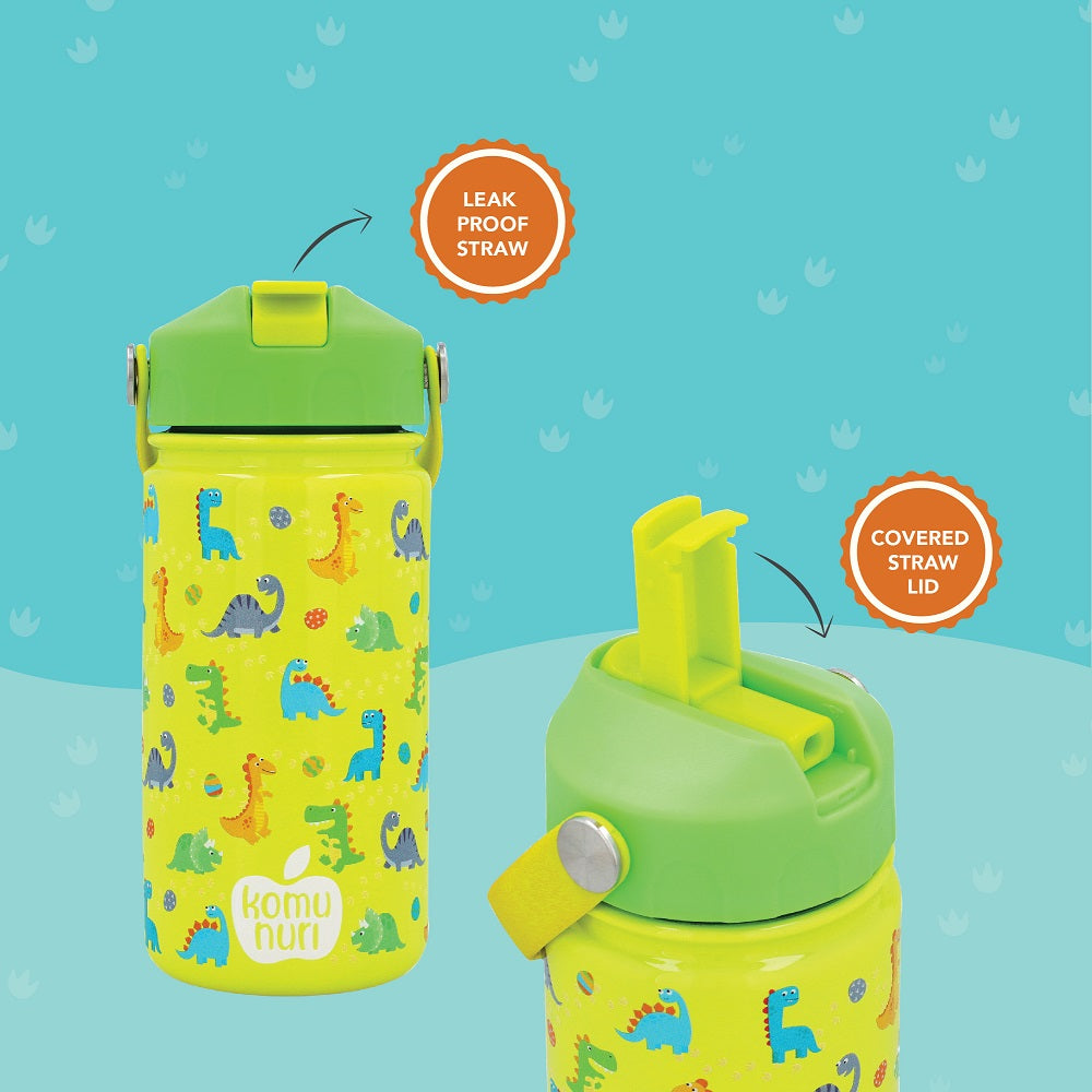 KomuNuri Stainless Steel Kids 14 OZ Water Bottle with Covered Straw Lid | Lime Green - Dinosaurs