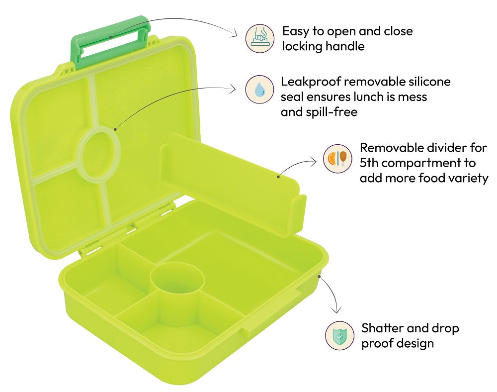Premium Tritan LeakProof Bento Lunch Box - 4 or 5 Compartments - Lime Green - Dinosaurs