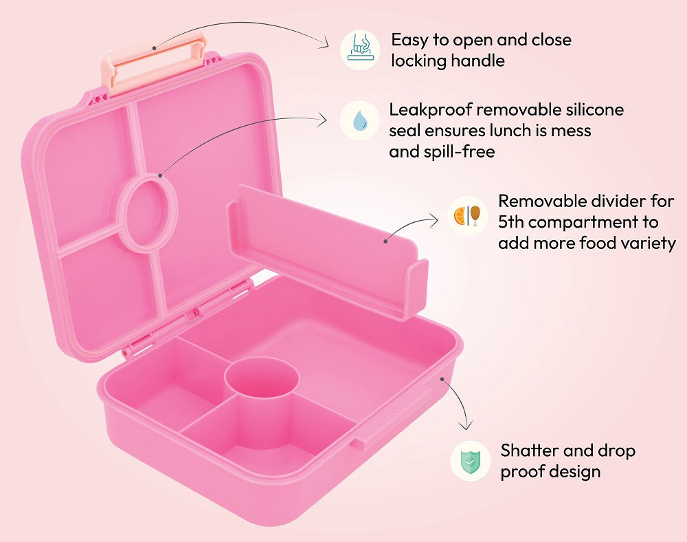 Premium Tritan LeakProof Bento Lunch Box - 4 or 5 Compartments - True Pink - Butterflies & Flowers