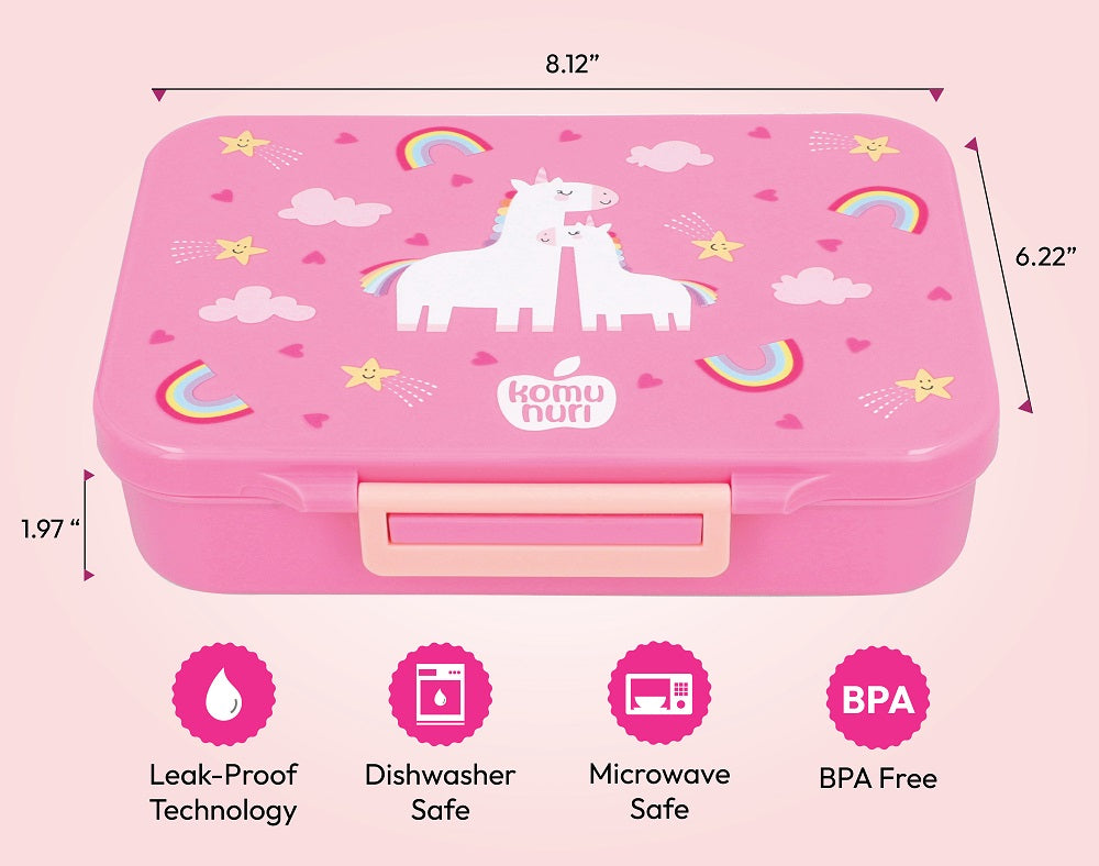 Premium Tritan LeakProof Bento Lunch Box - 4 or 5 Compartments - True Pink - Unicorn & Rainbow